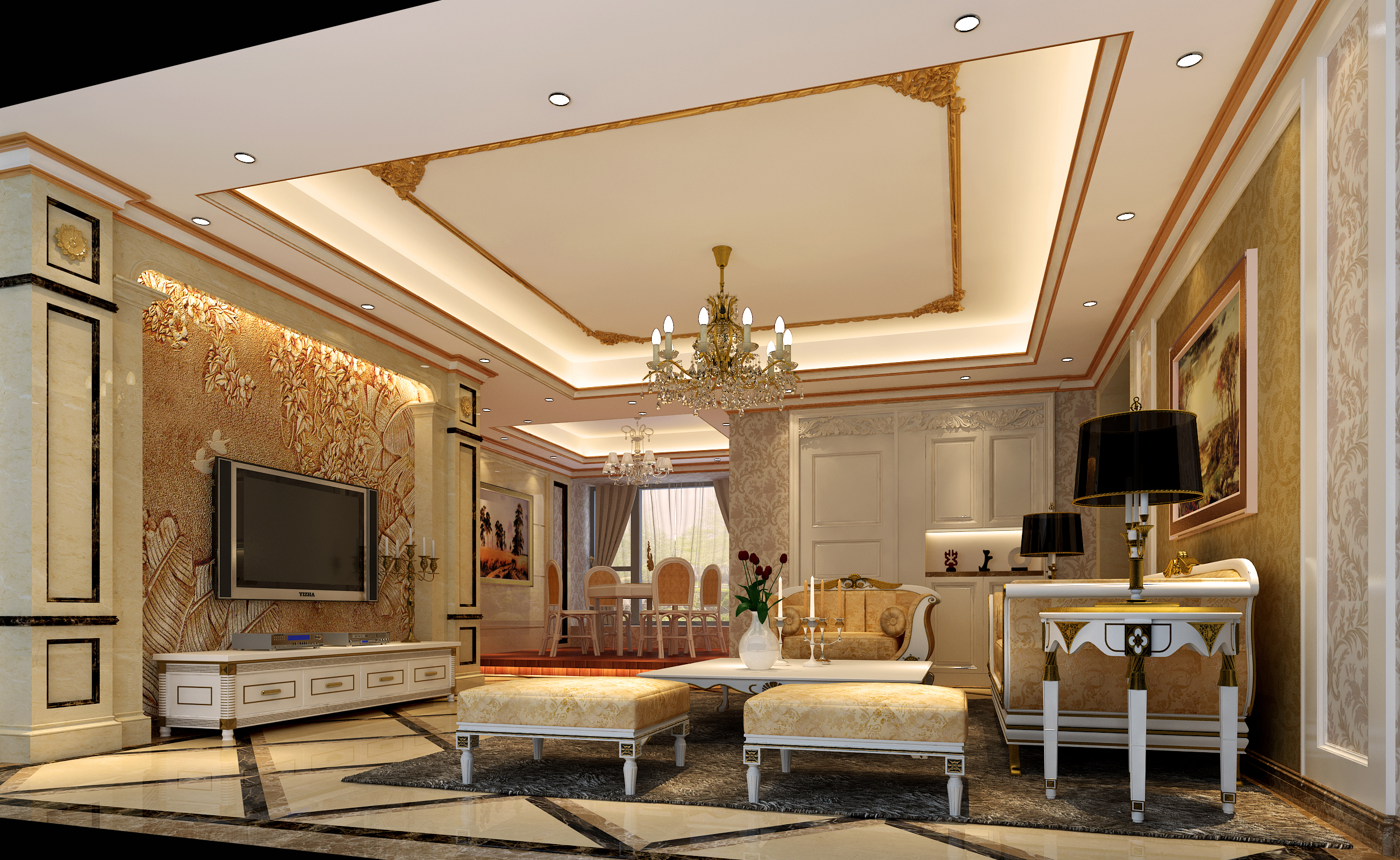 歐式典雅風范，龍光·九龍璽四居室客廳裝修效果圖賞析